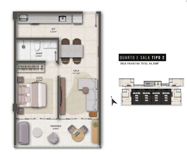 Artís Rio Vermelho | Quarto e sala, 46m² à venda por R$ 710.000,00